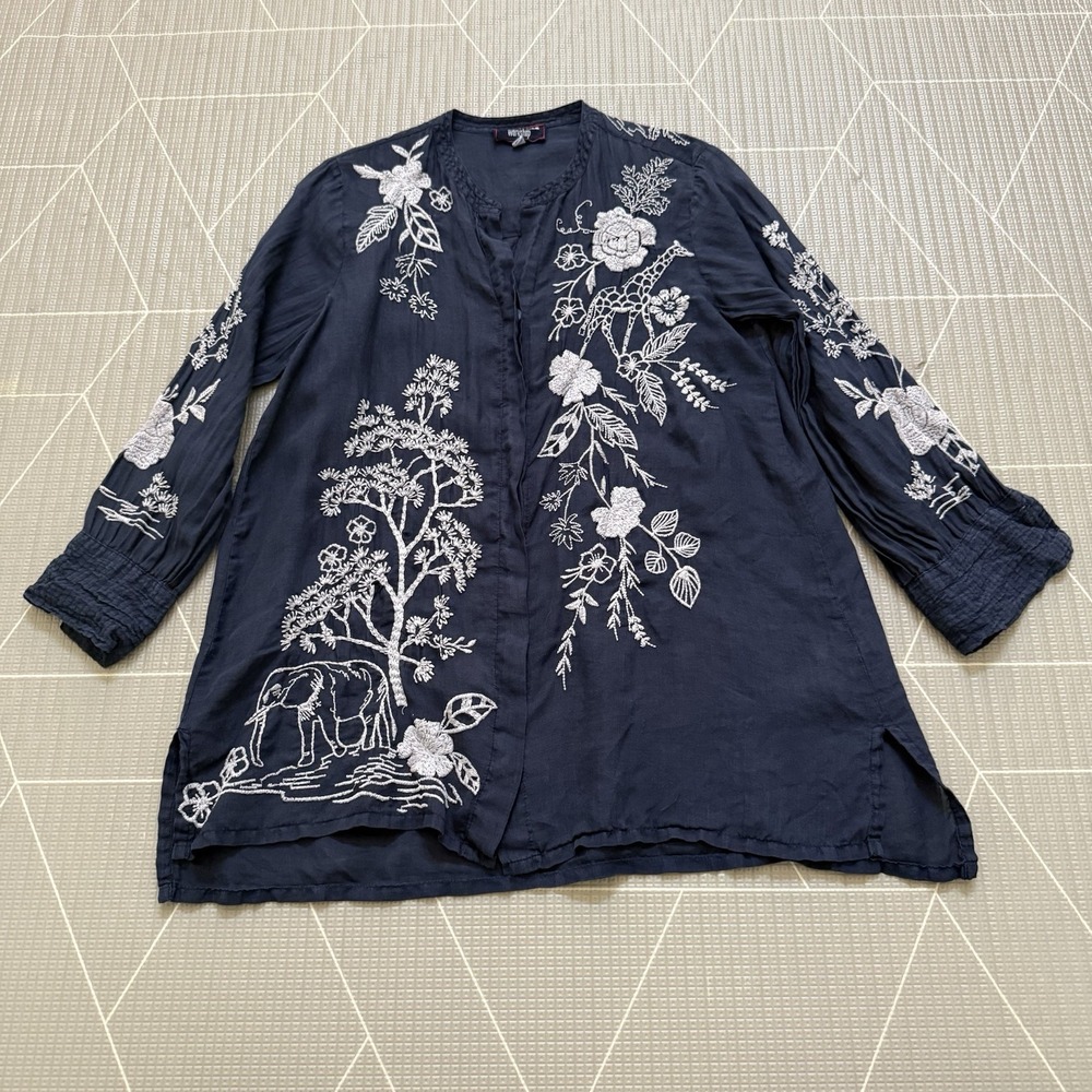 Johnny Was‎ Osiris Voyager Tunic XS Granite Blue Embroidery Boho Elephant Artsy